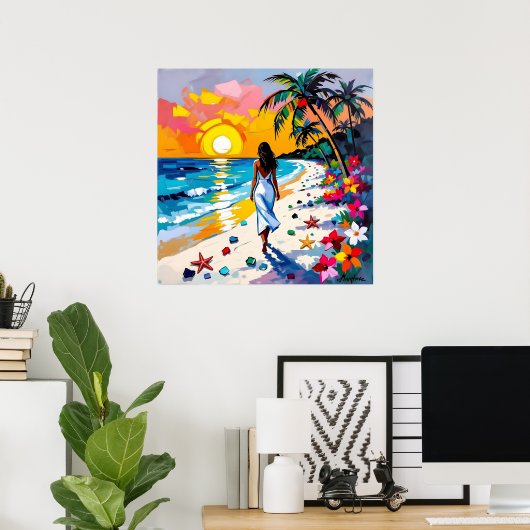Woman on Beach Tropical Scene ポスター (ホームオフィス)