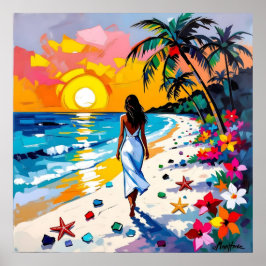 Woman on Beach Tropical Scene ポスター