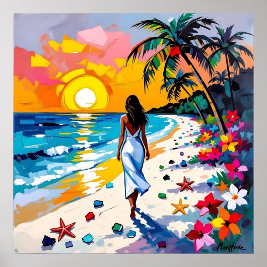 Woman on Beach Tropical Scene ポスター (正面)