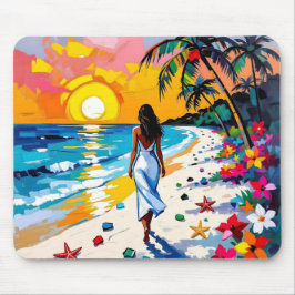 Woman on Beach Tropical Scene マウスパッド