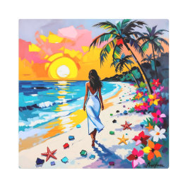 Woman on Beach Tropical Scene メタルプリント