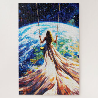 Woman on Swing Over Earth Impasto Oil Painting ジグソーパズル