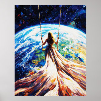 Woman on Swing Over Earth Impasto Oil Painting ポスター