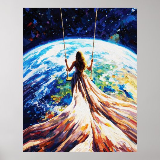 Woman on Swing Over Earth Impasto Oil Painting ポスター (正面)
