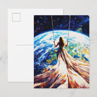 Woman on Swing Over Earth Impasto Oil Painting ポストカード