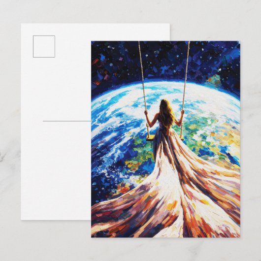 Woman on Swing Over Earth Impasto Oil Painting ポストカード (正面/裏面)