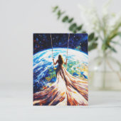 Woman on Swing Over Earth Impasto Oil Painting ポストカード (スタンド正面)