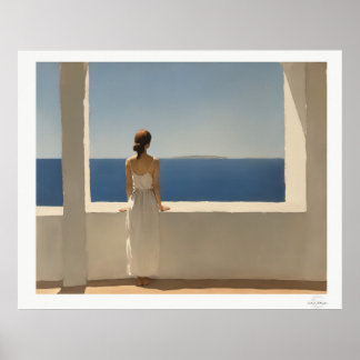 Woman on Terrace Overlooking Sea Poster ポスター