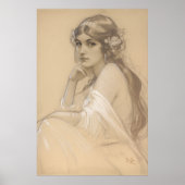 Woman Pencil White Crayon Portrait Study Mucha Pos ポスター (正面)