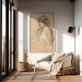 Woman Pencil White Crayon Portrait Study Mucha Pos ポスター