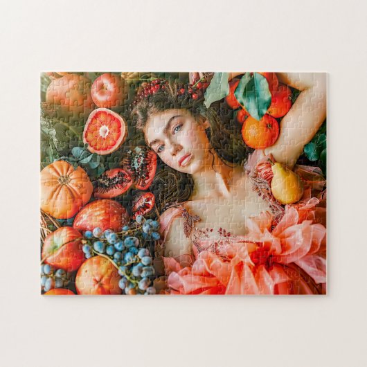 Woman reclining among fruits and petals ジグソーパズル (横)