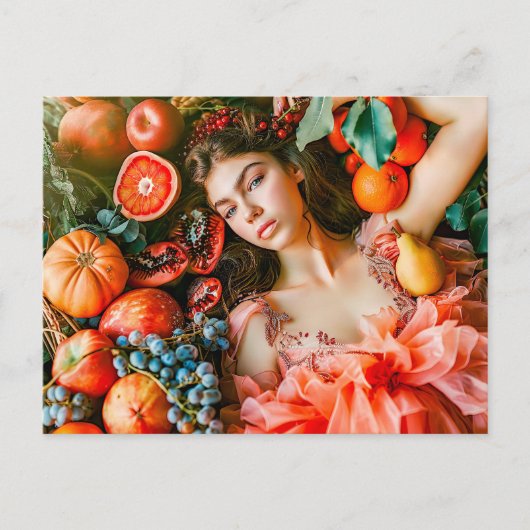 Woman reclining among fruits and petals ポストカード (正面)