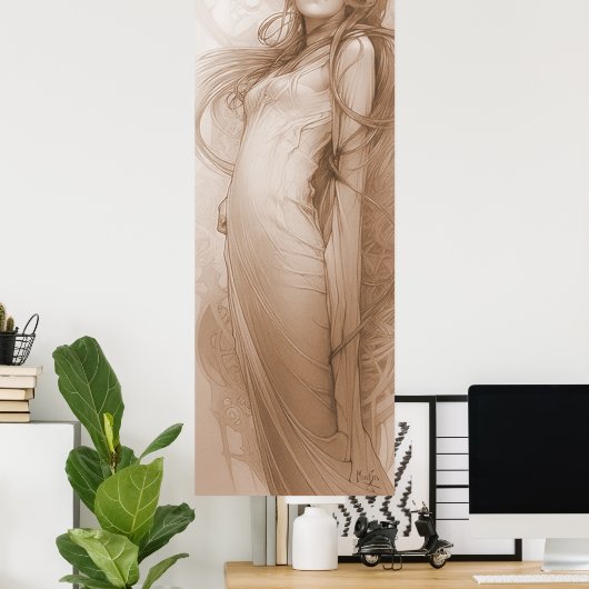 Woman Red Crayon Study Alphonse Mucha Belle Epoche ポスター (ホームオフィス)