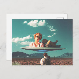 Woman Relaxing on UFO in Desert ポストカード
