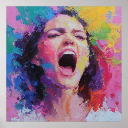Woman Shouting Abstract Colors Expressive Acrylic  ポスター (正面)