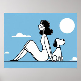 Woman sits with dog under moon ポスター