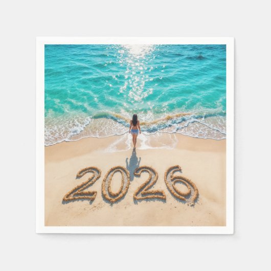 Woman Walking On a 2026 Beach スタンダードカクテルナプキン (正面)