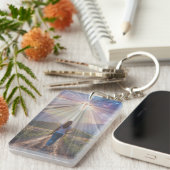 Woman Walking Toward Glowing Cross – Faith Journey キーホルダー (正面右)