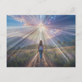 Woman Walking Toward Glowing Cross – Faith Journey ポストカード