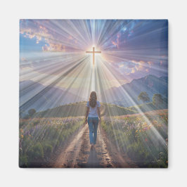 Woman Walking Toward Glowing Cross – Faith Journey マグネット