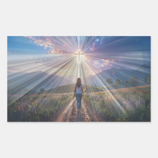 Woman Walking Toward Glowing Cross – Faith Journey 長方形シール (正面)