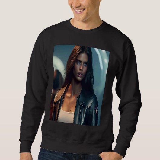 Woman Wearing Black Leather Biker Jacket Look Outf スウェットシャツ (正面)