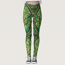 Woman wearing vibrant leggings with an intricate 