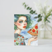 Woman with a big slice of pizza and UFOs ポストカード (スタンド正面)