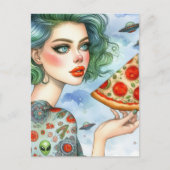 Woman with a big slice of pizza and UFOs ポストカード (正面)