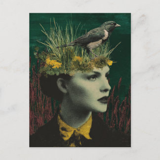 Woman With Bird on Her Head Mixed Media Collage ポストカード