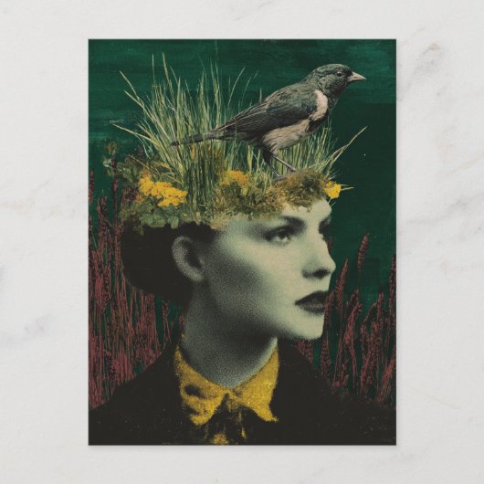 Woman With Bird on Her Head Mixed Media Collage ポストカード (正面)