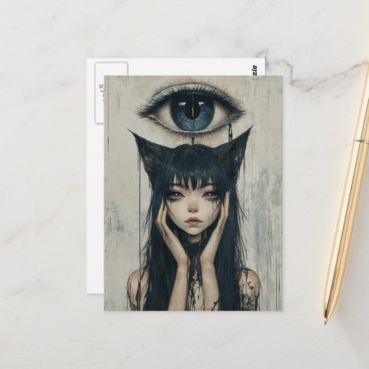 Woman With Cat Ears Surreal Eye ポストカード (正面/裏面インサイチュ)