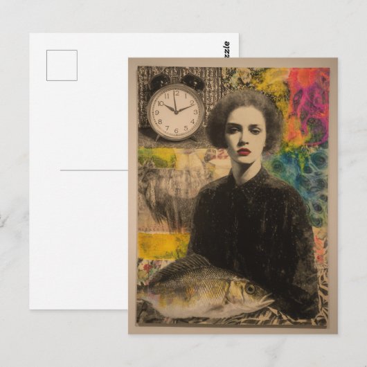 Woman With Fish Mixed Media Collage ポストカード (正面/裏面)