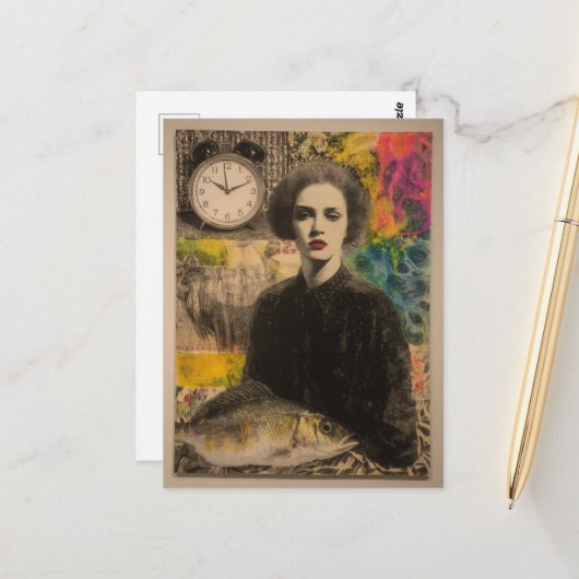 Woman With Fish Mixed Media Collage ポストカード (正面/裏面インサイチュ)