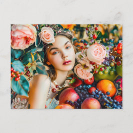 Woman with fruit and floral rose decor ポストカード