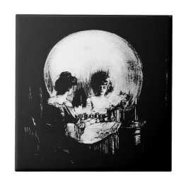 Woman with Halloween Skull Reflection In Mirror タイル