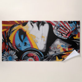 Woman with Headphones Street Art Portrait ビーチタオル