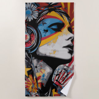 Woman with Headphones Street Art Portrait ビーチタオル