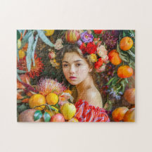 Woman with mixed fruits and floral decor