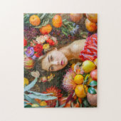 Woman with mixed fruits and floral decor ジグソーパズル (縦)