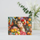 Woman with mixed fruits and floral decor ポストカード (スタンド正面)
