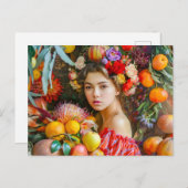 Woman with mixed fruits and floral decor ポストカード (正面/裏面)