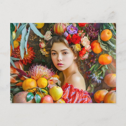 Woman with mixed fruits and floral decor ポストカード (正面)