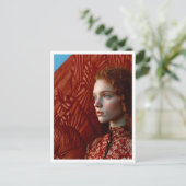 Woman with red hair by a painting of red horses ポストカード (スタンド正面)