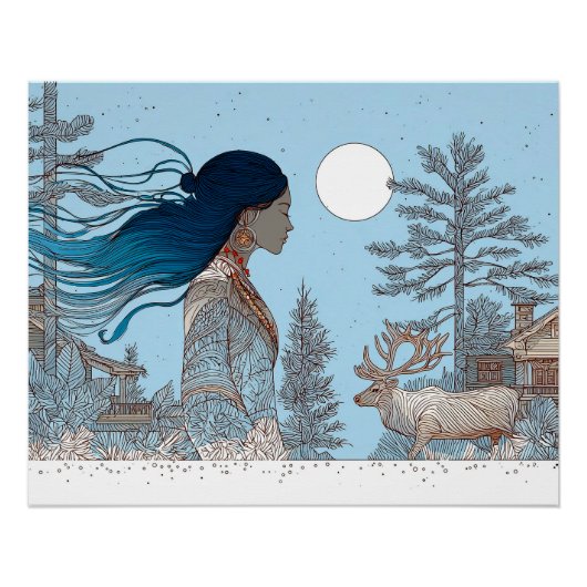 Woman with reindeer in the snow by log cabin ポスター (正面)