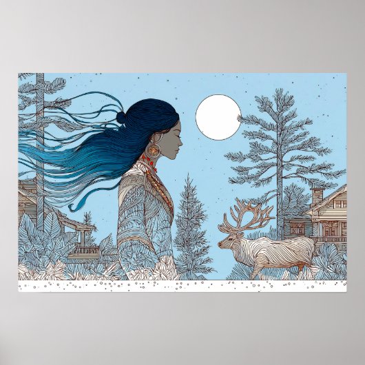 Woman with reindeer in the snow by log cabin ポスター (正面)