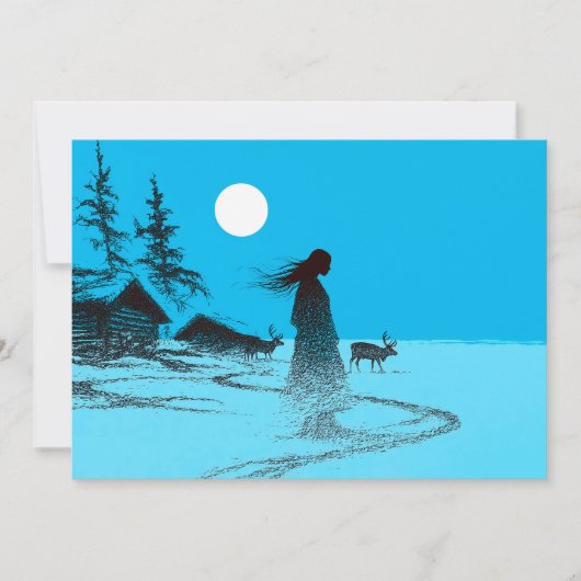 Woman with reindeer in the snow under a full moon シーズンカード (正面)