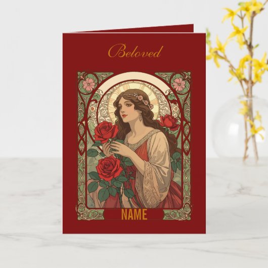 Woman With Roses Vintage Illustration カード (黄色い花)