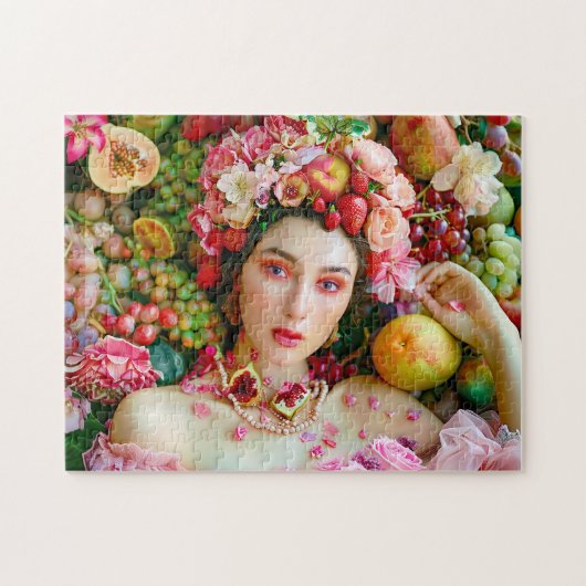 Woman with tropical fruits and floral accents ジグソーパズル (横)
