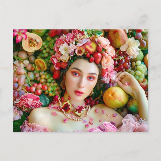 Woman with tropical fruits and floral accents ポストカード (正面)